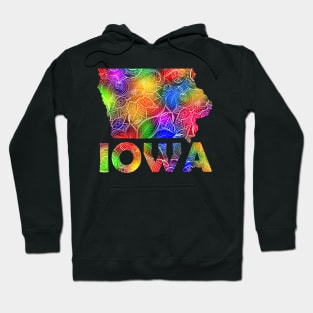 Colorful mandala art map of Iowa with text in multicolor pattern Hoodie